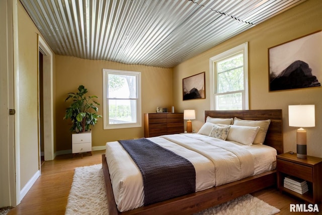 bedroom featuring multiple windows, wood finished floors, and baseboards