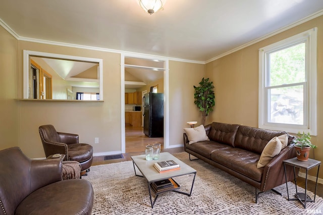 living room featuring wood finished floors, baseboards, and crown molding