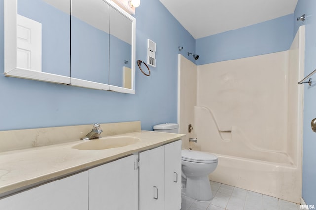 full bath with tile patterned flooring, toilet, shower / tub combination, and vanity