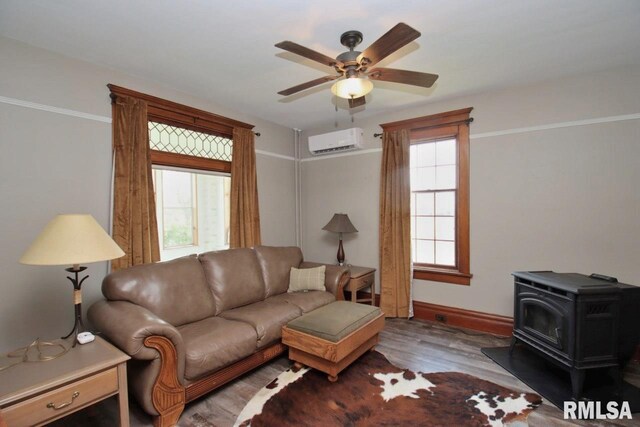 102 2nd St, Camp Grove, IL 61424 - living area featuring a wood stove, plenty of natural light, wood finished floors, and ceiling fan