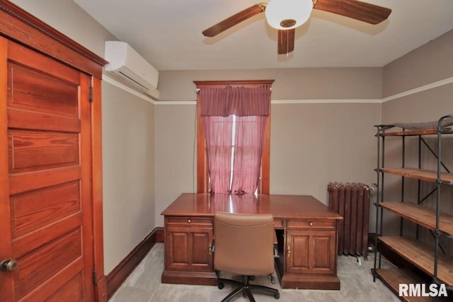 102 2nd St, Camp Grove, IL 61424 - office area with radiator heating unit, an AC wall unit, ceiling fan, light carpet, and baseboards