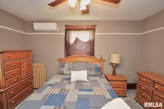102 2nd St, Camp Grove, IL 61424 - carpeted bedroom with radiator heating unit, a wall mounted AC, and a ceiling fan