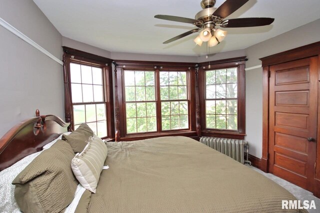 102 2nd St, Camp Grove, IL 61424 - bedroom featuring radiator, multiple windows, baseboards, and a ceiling fan