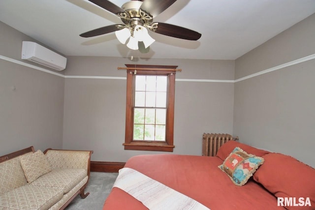 102 2nd St, Camp Grove, IL 61424 - carpeted bedroom featuring radiator heating unit, an AC wall unit, ceiling fan, and baseboards