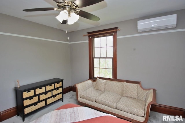 102 2nd St, Camp Grove, IL 61424 - bedroom featuring a wall mounted air conditioner, carpet, baseboards, and a ceiling fan