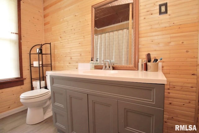 102 2nd St, Camp Grove, IL 61424 - bathroom with wood walls, vanity, toilet, wood finished floors, and baseboards