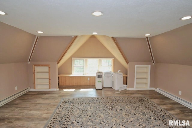 102 2nd St, Camp Grove, IL 61424 - bonus room featuring built in features, wood finished floors, lofted ceiling, baseboard heating, and recessed lighting