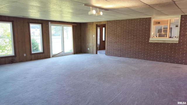 927 W Oakview Dr, Peoria, IL 61615 - carpeted empty room featuring a drop ceiling, wooden walls, and brick wall