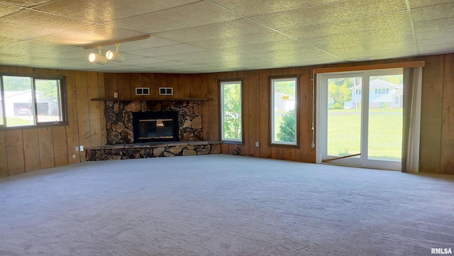 927 W Oakview Dr, Peoria, IL 61615 - unfurnished living room with wooden walls, carpet, and a fireplace