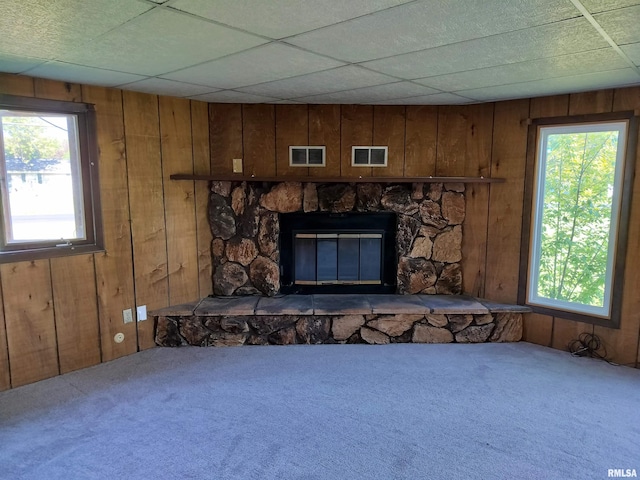 927 W Oakview Dr, Peoria, IL 61615 - living area featuring wooden walls, carpet, and a fireplace