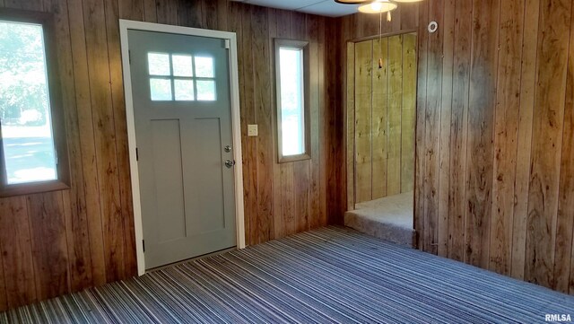 927 W Oakview Dr, Peoria, IL 61615 - doorway with wood walls, carpet flooring, and a ceiling fan