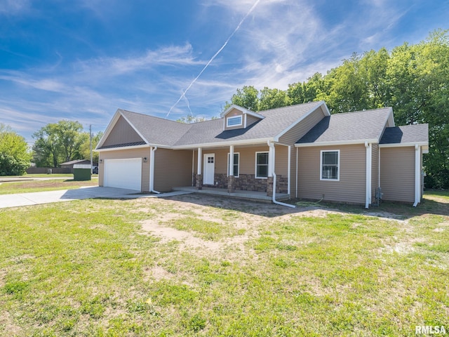 ranch-style home featuring an attached garage, concrete driveway, a front yard, a porch, and stone siding
