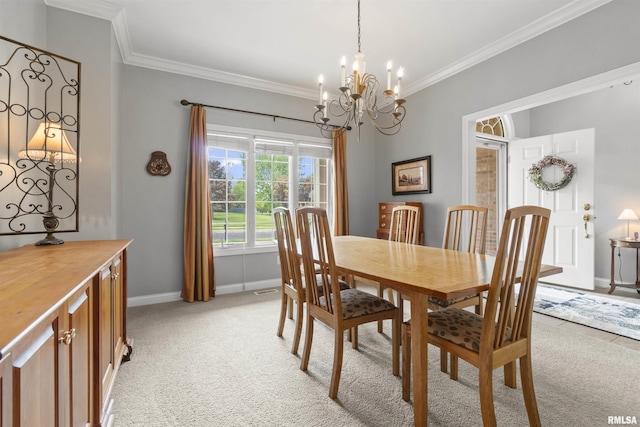 11506 N Bristol Dr, Dunlap, IL 61525 - dining area with a chandelier, crown molding, baseboards, and light carpet