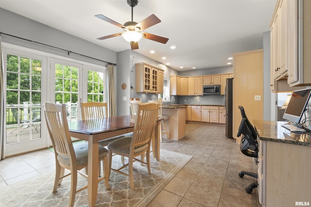 11506 N Bristol Dr, Dunlap, IL 61525 - dining room with light tile patterned flooring, a ceiling fan, and recessed lighting
