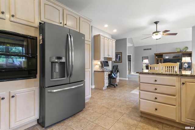 11506 N Bristol Dr, Dunlap, IL 61525 - kitchen with stainless steel refrigerator with ice dispenser, a ceiling fan, cream cabinetry, light tile patterned floors, and recessed lighting