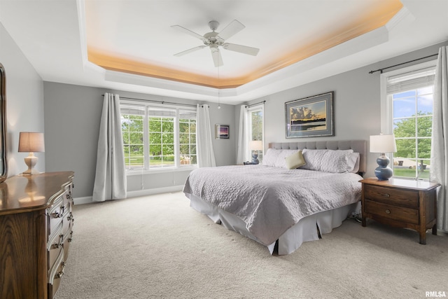 11506 N Bristol Dr, Dunlap, IL 61525 - bedroom featuring a tray ceiling, carpet, a ceiling fan, baseboards, and crown molding