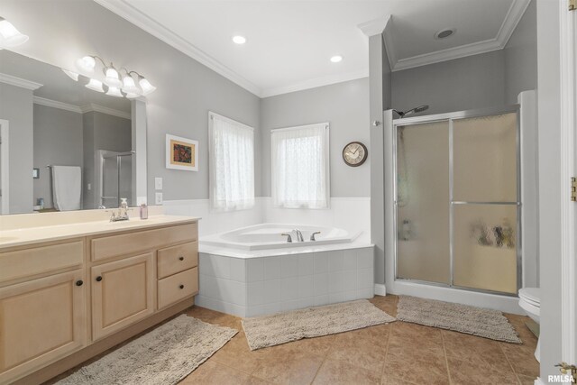 11506 N Bristol Dr, Dunlap, IL 61525 - full bathroom featuring a shower stall, a garden tub, vanity, tile patterned floors, and crown molding