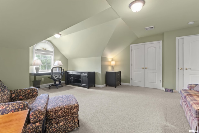 11506 N Bristol Dr, Dunlap, IL 61525 - office area featuring light carpet, baseboards, and vaulted ceiling