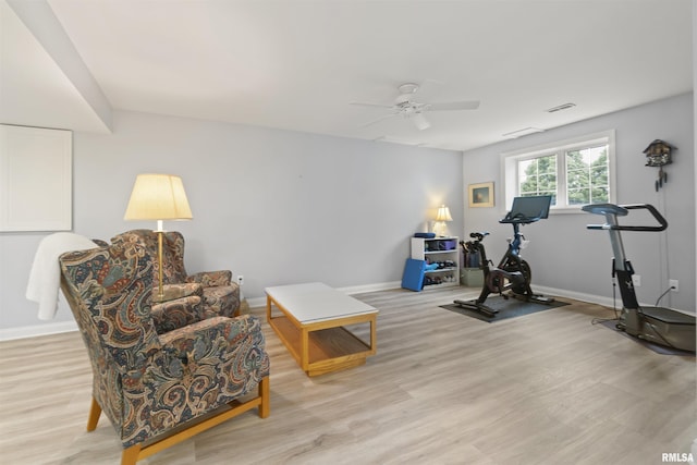 11506 N Bristol Dr, Dunlap, IL 61525 - exercise room with light wood finished floors, a ceiling fan, and baseboards
