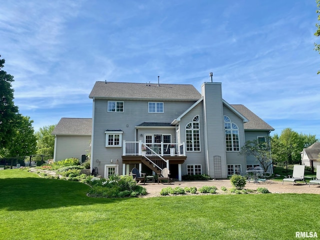 11506 N Bristol Dr, Dunlap, IL 61525 - back of property with stairway, a patio, a wooden deck, and a chimney