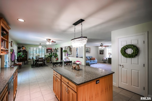 15207 N 7th St, Chillicothe, IL 61523 - kitchen with ceiling fan, open floor plan, light tile patterned flooring, a kitchen island, and recessed lighting