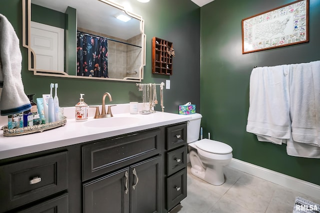 15207 N 7th St, Chillicothe, IL 61523 - bathroom featuring baseboards, toilet, vanity, a shower with shower curtain, and tile patterned flooring