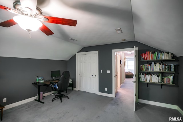15207 N 7th St, Chillicothe, IL 61523 - carpeted home office with lofted ceiling, baseboards, and a ceiling fan