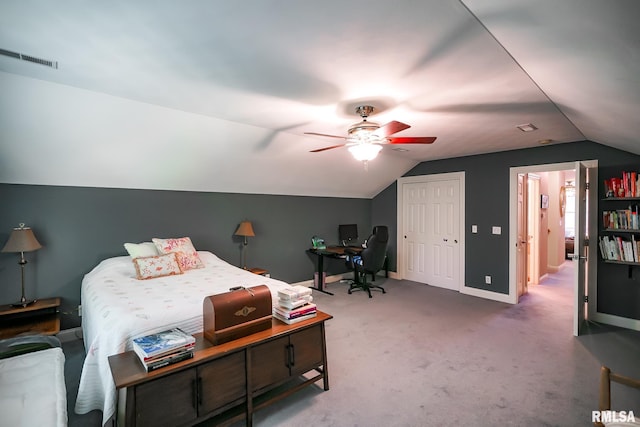 15207 N 7th St, Chillicothe, IL 61523 - carpeted bedroom featuring vaulted ceiling, a desk, ceiling fan, baseboards, and a closet
