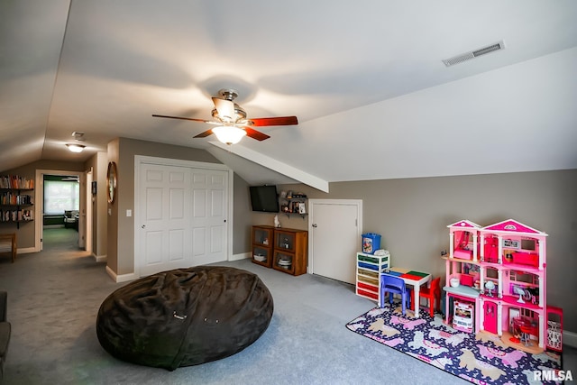 15207 N 7th St, Chillicothe, IL 61523 - playroom with carpet flooring, lofted ceiling, a ceiling fan, and baseboards