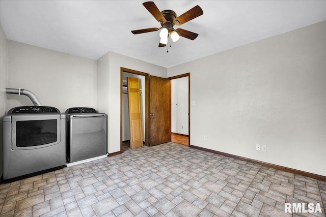 laundry area with baseboards, washer and dryer, brick patterned floors, and ceiling fan