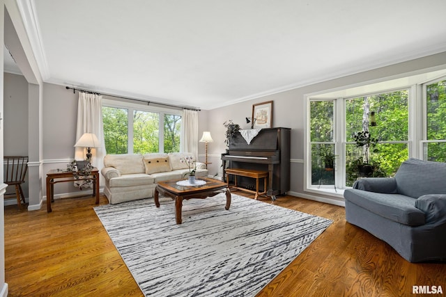living area with ornamental molding and wood finished floors