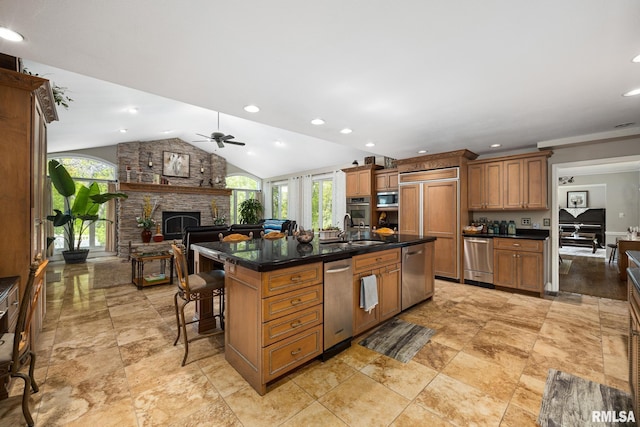 kitchen featuring stainless steel appliances, plenty of natural light, open floor plan, a fireplace, and vaulted ceiling