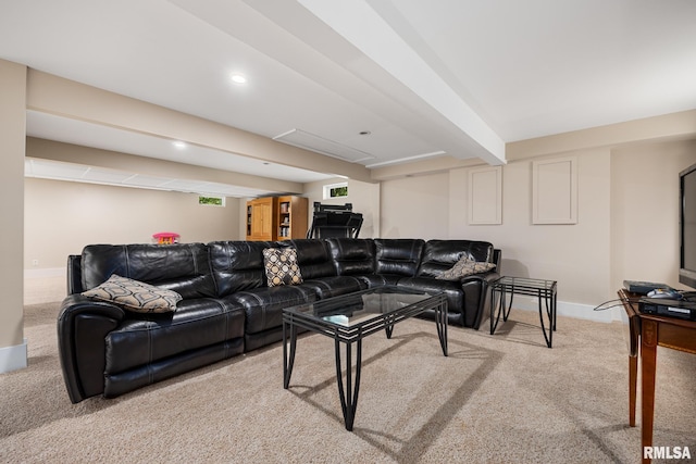 carpeted living area with baseboards, beamed ceiling, and recessed lighting