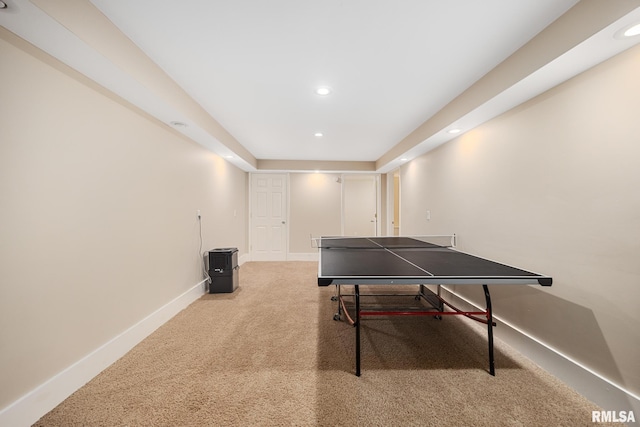 recreation room featuring carpet, recessed lighting, and baseboards