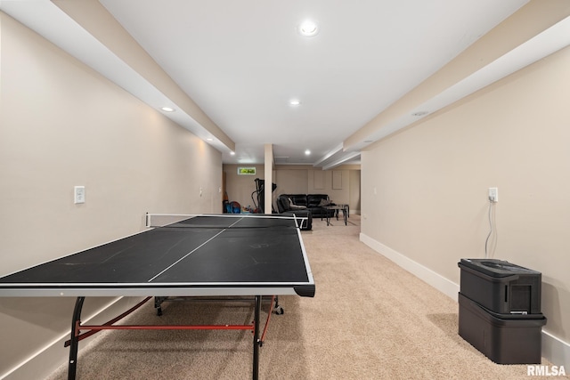 game room featuring recessed lighting, carpet, and baseboards