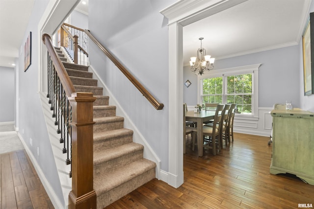 stairway with a chandelier, hardwood / wood-style flooring, ornamental molding, and a wainscoted wall