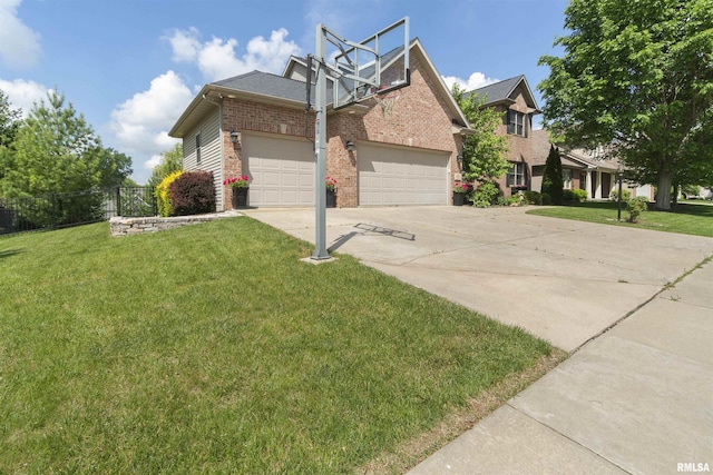 view of side of home with an attached garage, concrete driveway, and brick siding