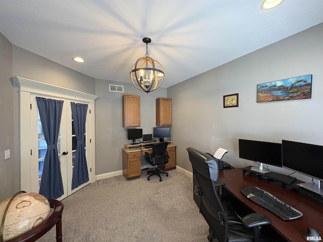 office with light colored carpet, a chandelier, baseboards, and recessed lighting