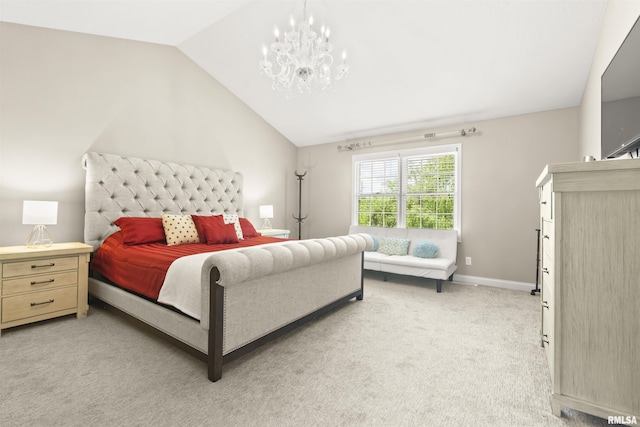 bedroom with lofted ceiling, a chandelier, light carpet, and baseboards