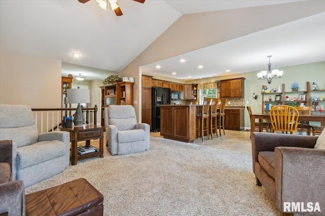 2512 Stonehenge Ct Unit 7Ashv, Peoria, IL 61615 - living area featuring a chandelier, light carpet, recessed lighting, vaulted ceiling, and ceiling fan