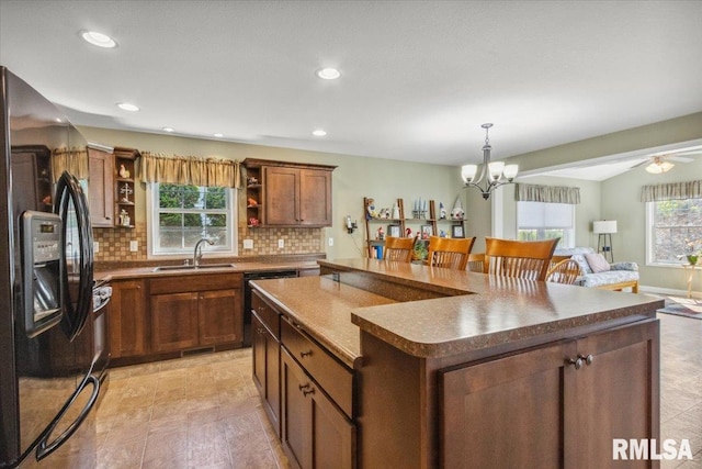 2512 Stonehenge Ct Unit 7Ashv, Peoria, IL 61615 - kitchen featuring black appliances, a sink, open shelves, open floor plan, and backsplash