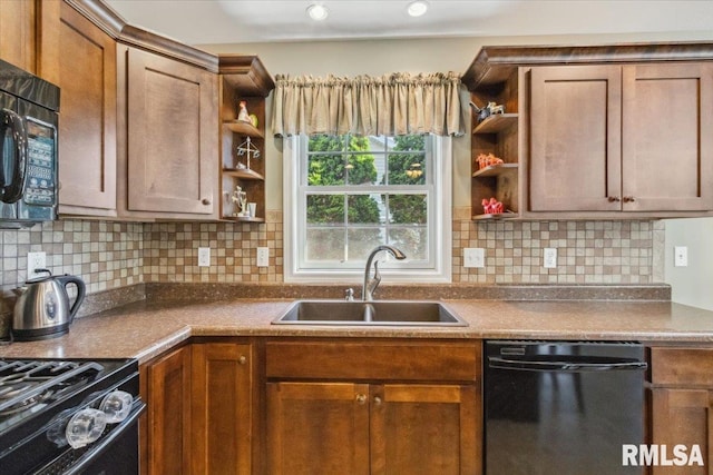 2512 Stonehenge Ct Unit 7Ashv, Peoria, IL 61615 - kitchen featuring open shelves, black appliances, a sink, and decorative backsplash