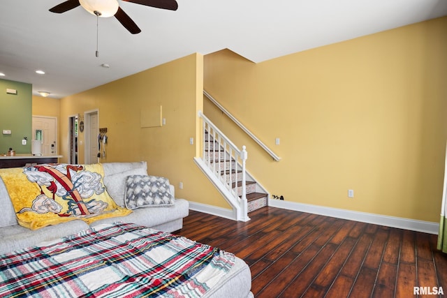 3329 W King James Rd, Peoria, IL 61615 - living room featuring wood finished floors, a ceiling fan, baseboards, recessed lighting, and stairway