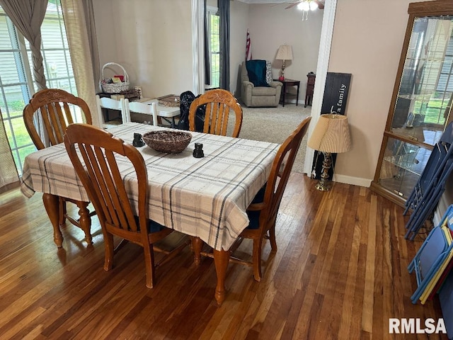 1635 W Country Oaks Ct, Dunlap, IL 61525 - dining area featuring wood-type flooring, baseboards, and a ceiling fan