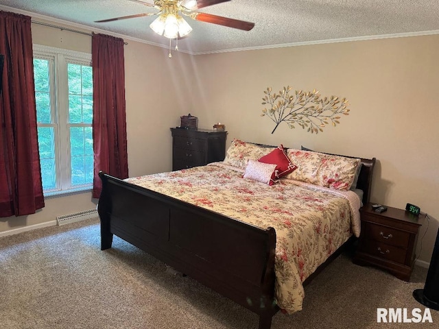 1635 W Country Oaks Ct, Dunlap, IL 61525 - bedroom featuring carpet floors, a textured ceiling, ornamental molding, ceiling fan, and a baseboard heating unit