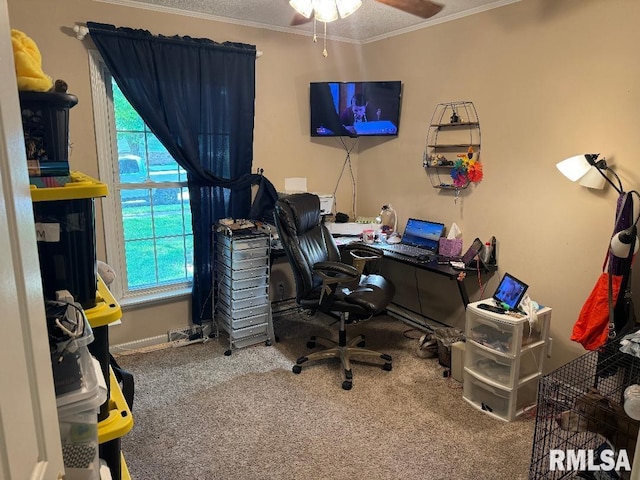 1635 W Country Oaks Ct, Dunlap, IL 61525 - office area featuring carpet floors, crown molding, and a ceiling fan