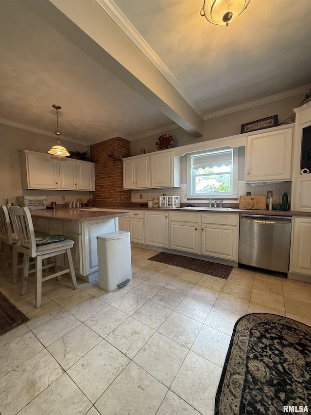 111 N Broadway St, Lewistown, IL 61542 - kitchen featuring stainless steel dishwasher, a sink, crown molding, white cabinets, and a peninsula
