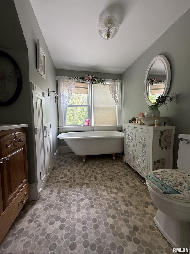 111 N Broadway St, Lewistown, IL 61542 - bathroom featuring vanity, a soaking tub, stone finish flooring, toilet, and baseboards