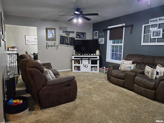 212 Conch Dr, La Harpe, IL 61450 - carpeted living area featuring ceiling fan