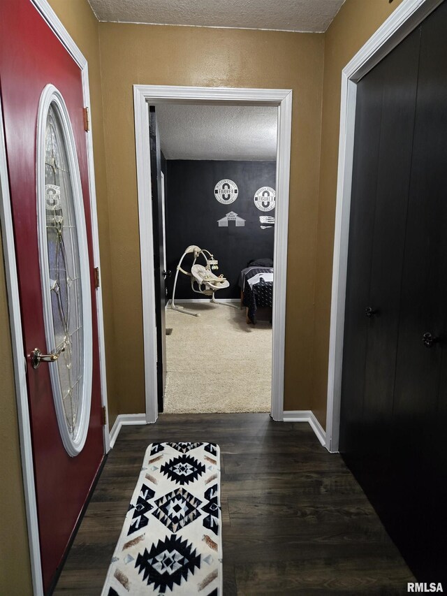 212 Conch Dr, La Harpe, IL 61450 - foyer entrance featuring a textured ceiling, baseboards, and dark wood-style floors